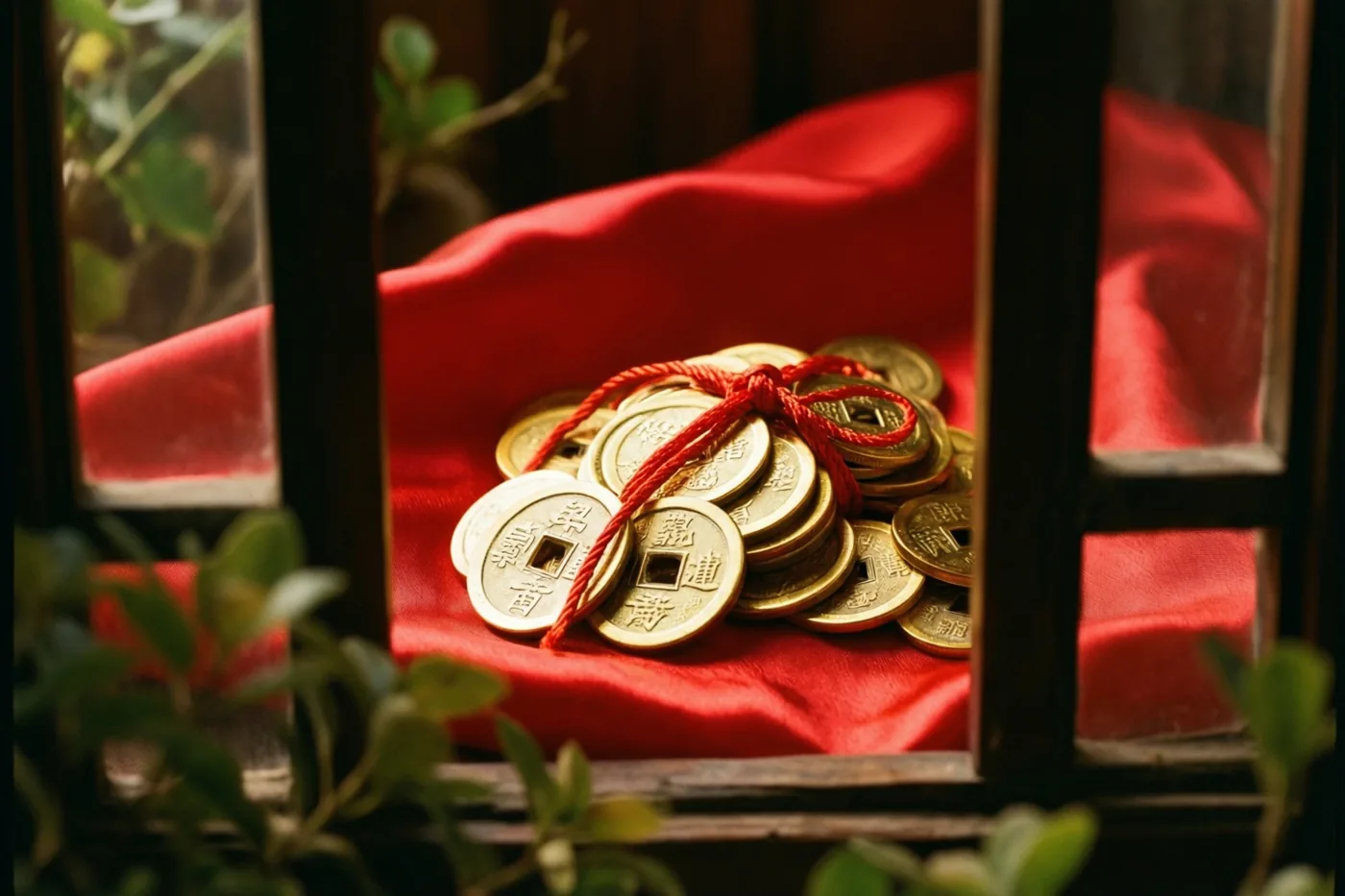 Een bundeltje goudkleurige munten met een rood koord ligt op rode zijde, gezien door een donker houten kader met groen op de voorgrond en achtergrond.