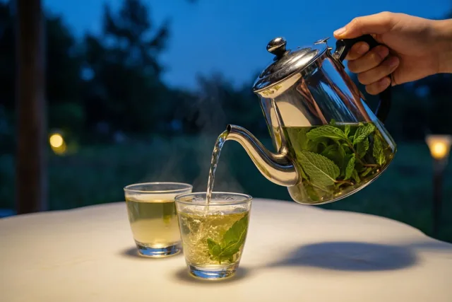 Een hand schenkt dampende muntthee uit een hoge zilveren theepot in een klein glas op een witte tafel buiten, met een tweede glas ernaast en avondlichtjes op de achtergrond.