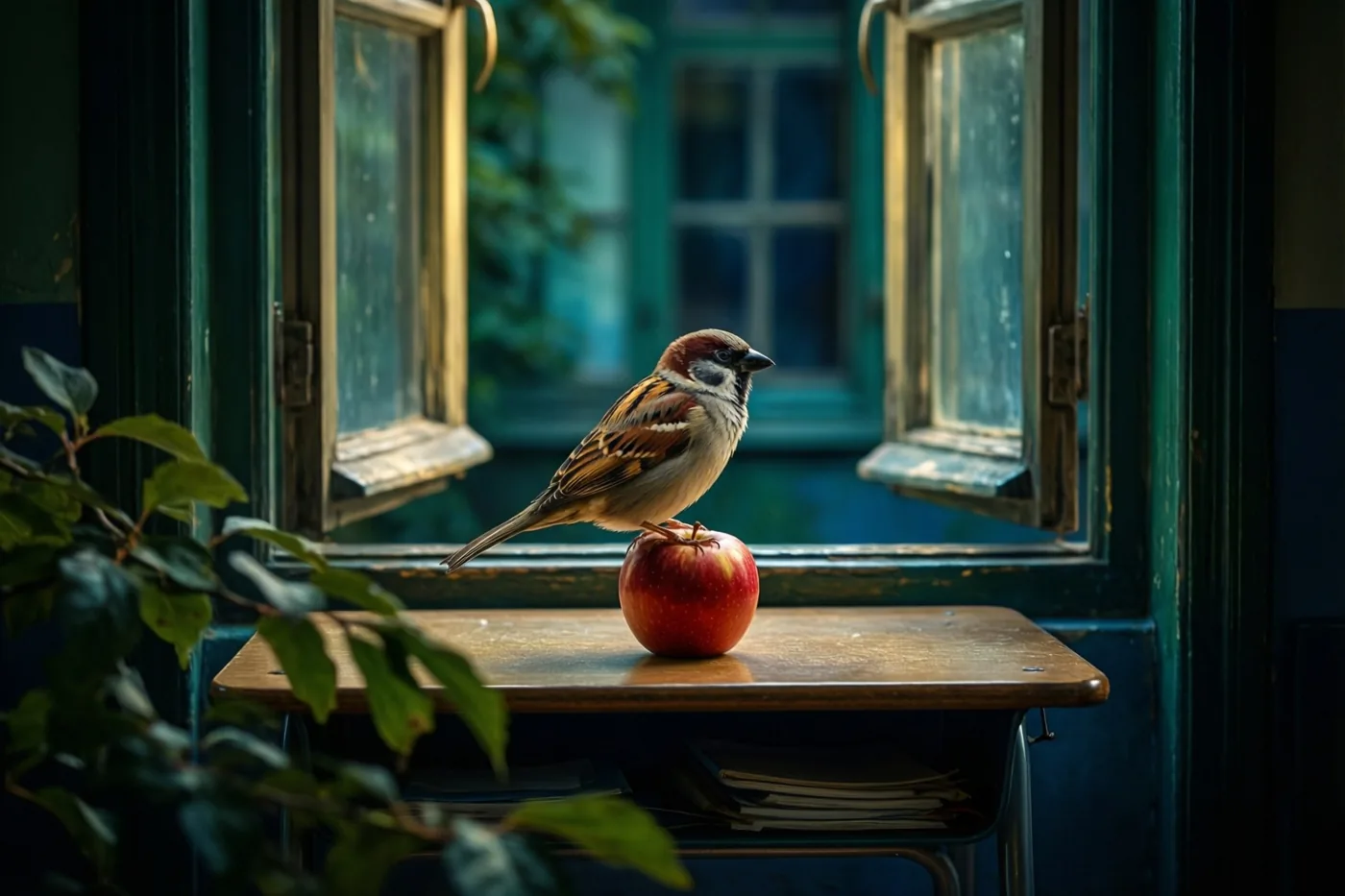 Een mus zit op een rode appel op een houten schoolbank bij een open raam met groene kozijnen en bladeren op de voorgrond.