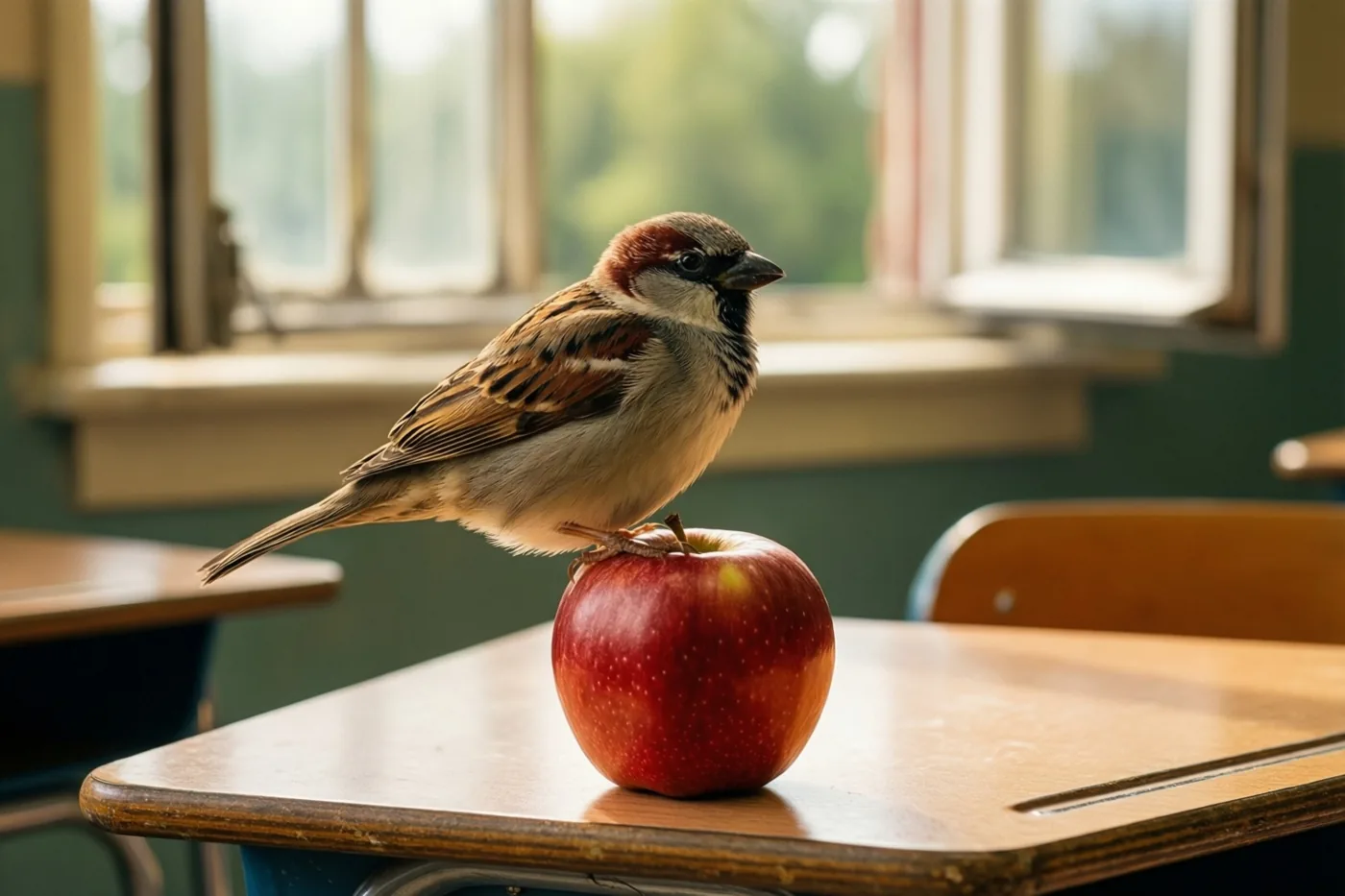 Een mus zit op een glanzende rode appel op een houten schoolbank bij een open raam in zacht daglicht.