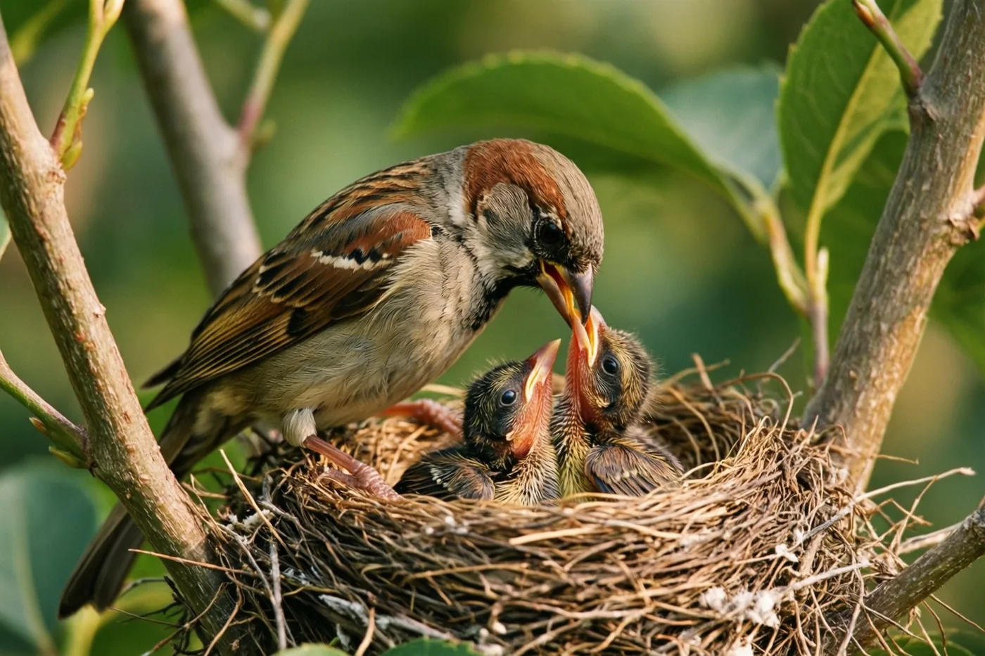 Een moedermus voert twee jongen in een gevlochten nest tussen boomtakken, met zonlicht en groen blad op de achtergrond.