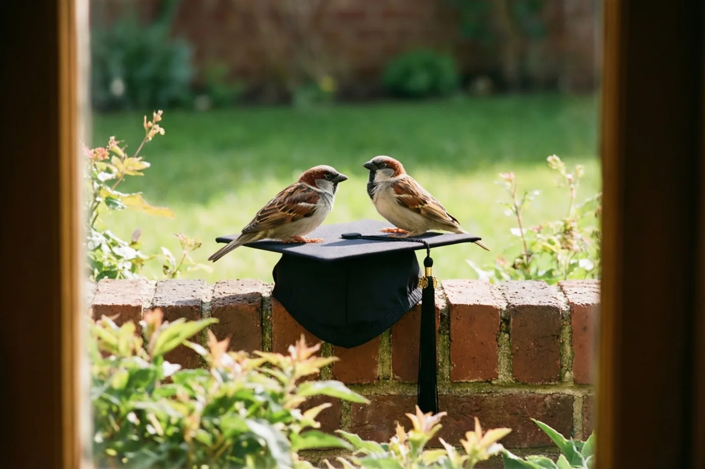 Door een houten raamkozijn zijn twee mussen te zien op een zwarte afstudeerhoed op een laag bakstenen tuinmuurtje, met zonlicht en groen op de achtergrond.