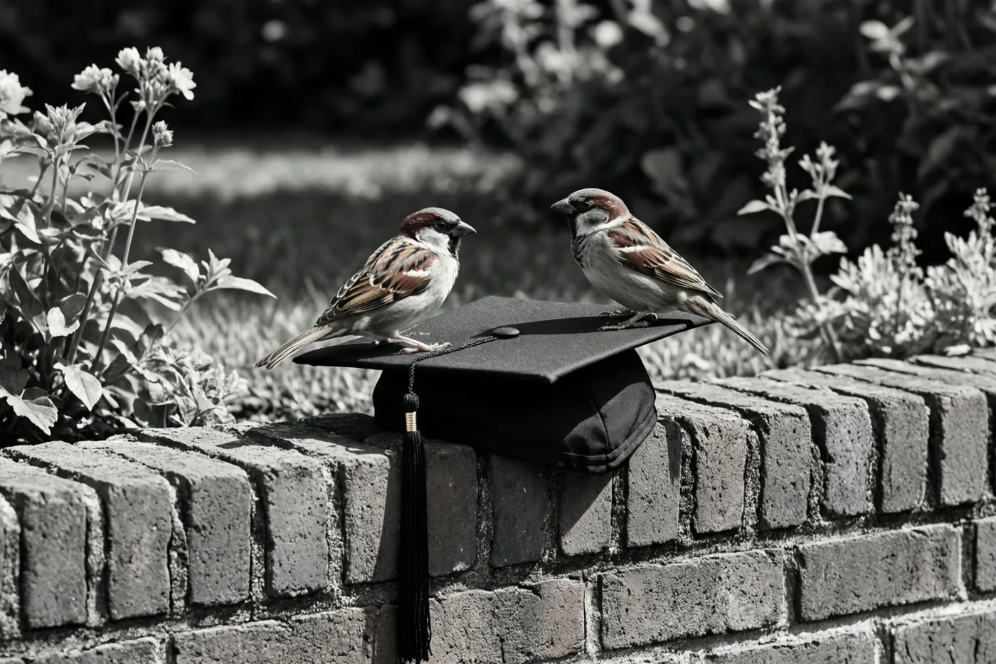 Twee mussen zitten op een zwarte afstudeerhoed op een laag bakstenen tuinmuurtje, weergegeven in zwart-wit.