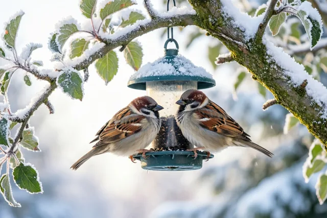 Mussen tussen besneeuwde appelboomtakken