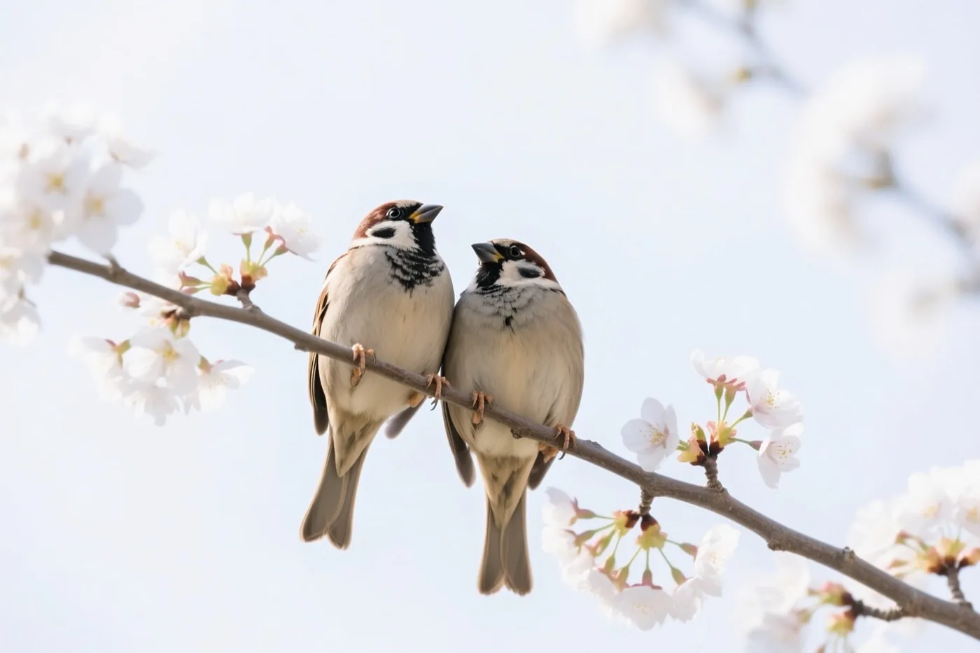 Twee mussen zitten dicht bij elkaar op een tak met witte bloesems tegen een lichte hemel.