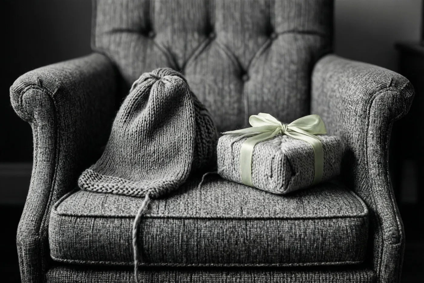 Een gebreide muts en een ingepakt cadeau met een lichtgroen lint liggen op een grijze gecapitonneerde zetel, in een monochroom beeld waarin alleen het lint kleur heeft.