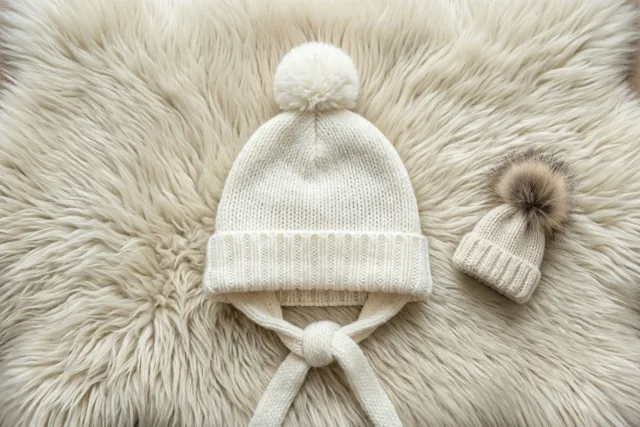 Een witte gebreide muts met oorflappen en een pompon ligt naast een kleinere bijpassende muts op een pluizige beige schapenvacht.