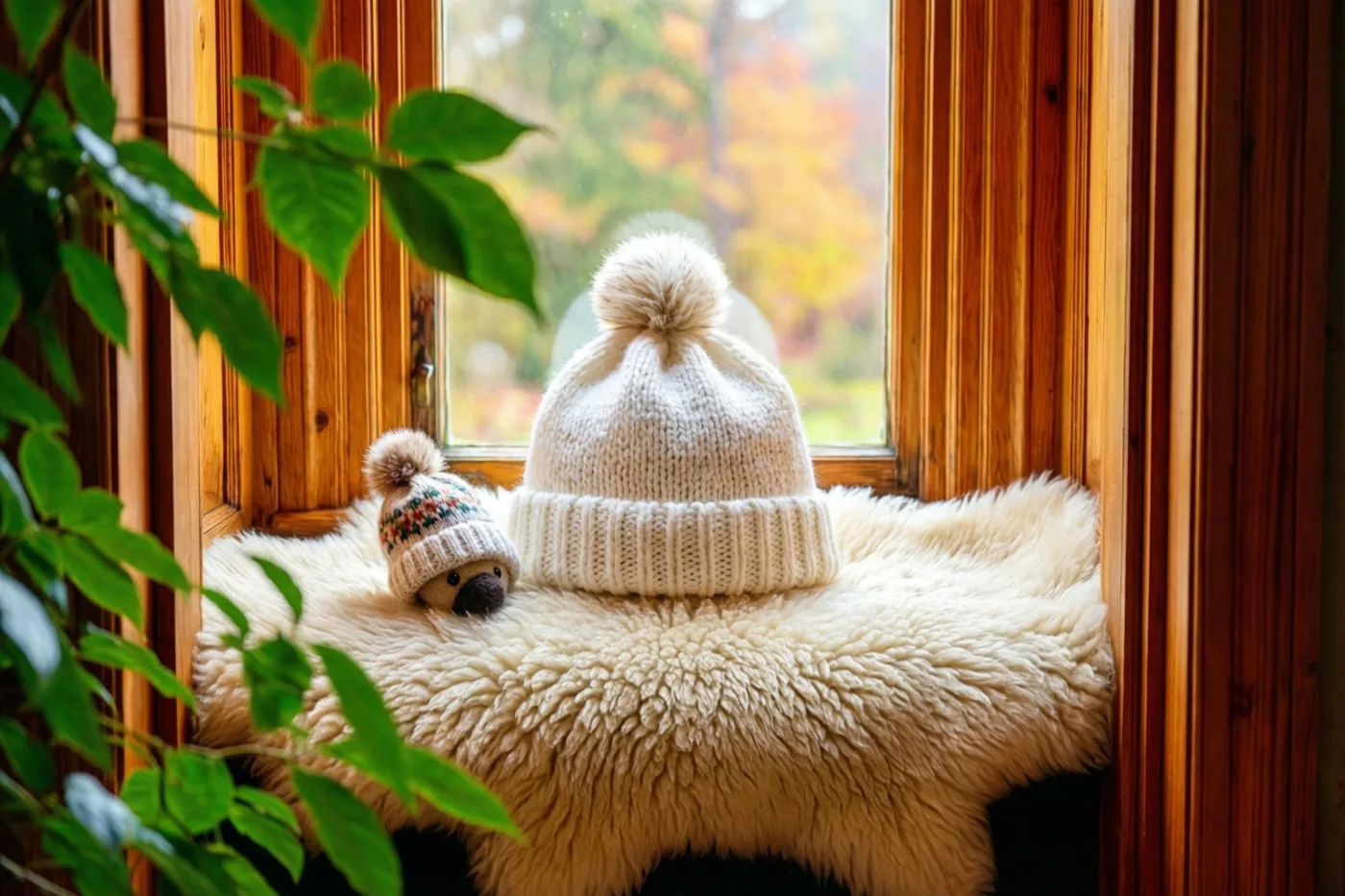 Een witte gebreide muts en een klein wollen mutsje met pompon liggen op een schapenvacht op een houten vensterbank, met herfstbladeren buiten in warm daglicht.