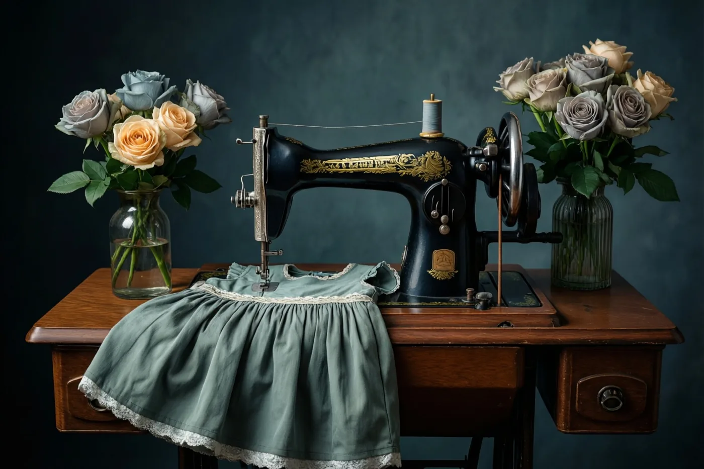 Een oude zwarte naaimachine staat op een houten tafel met een gedeeltelijk genaaid groen kinderkleedje eronder en aan weerszijden een glazen vaas met rozen, tegen een donkerblauwgroene achtergrond.