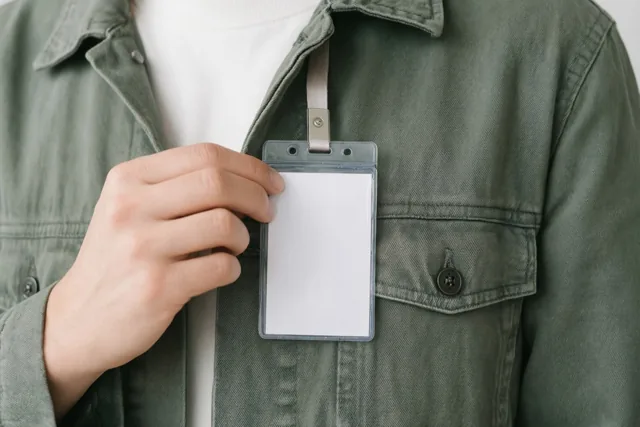 Een hand speldt een blanco witte naambadge op de borst van een groene jas.