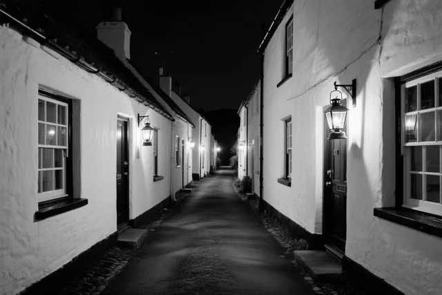 Een zwart-witbeeld toont een smalle dorpsstraat bij nacht met witgekalkte boerderijen en een lantaarn aan elke deur.