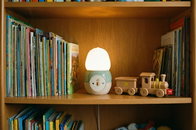 Een brandend keramieken nachtlampje, een houten speelgoedtrein en rijen kleurrijke prentenboeken staan op een houten rek in een warm verlichte babykamer.