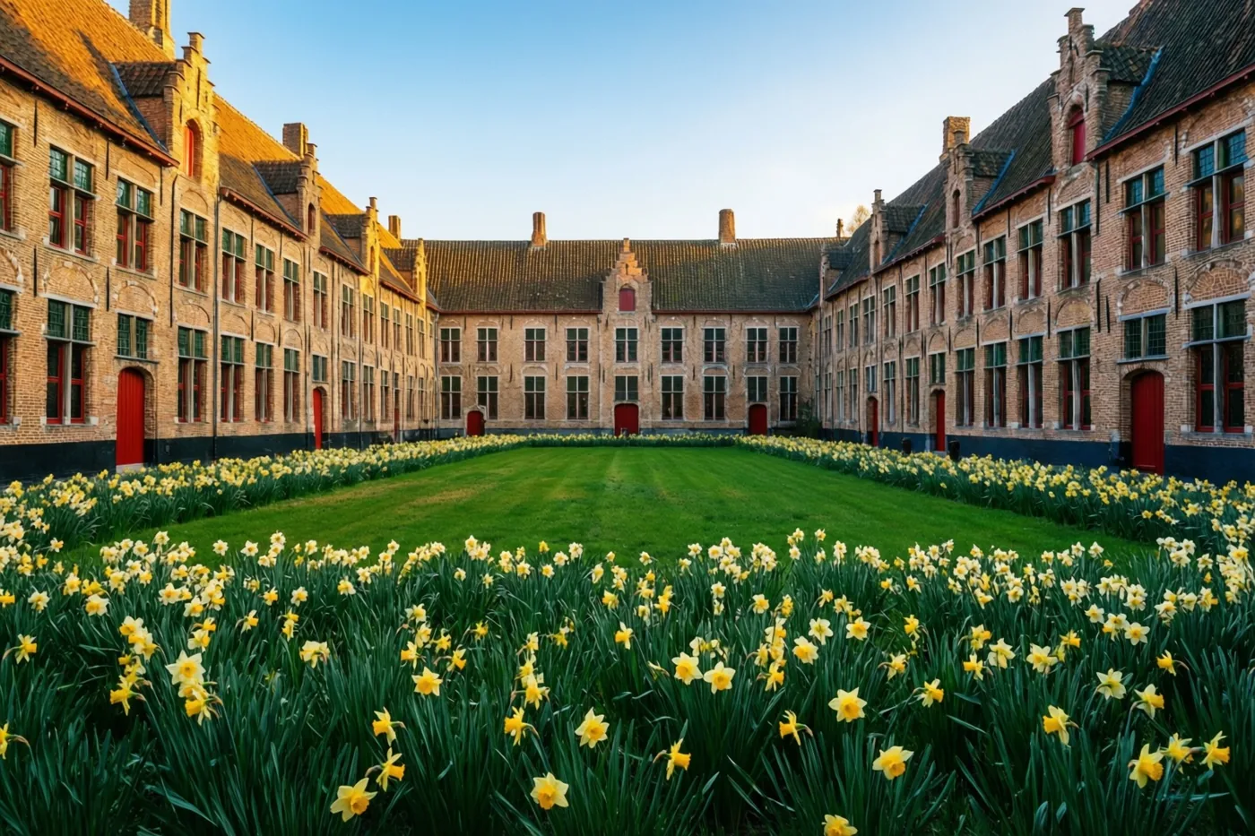 Gele narcissen bloeien in het gras van een binnenplaats tussen oude Vlaamse bakstenen gebouwen met rode deuren en puntdaken onder een helderblauwe hemel.