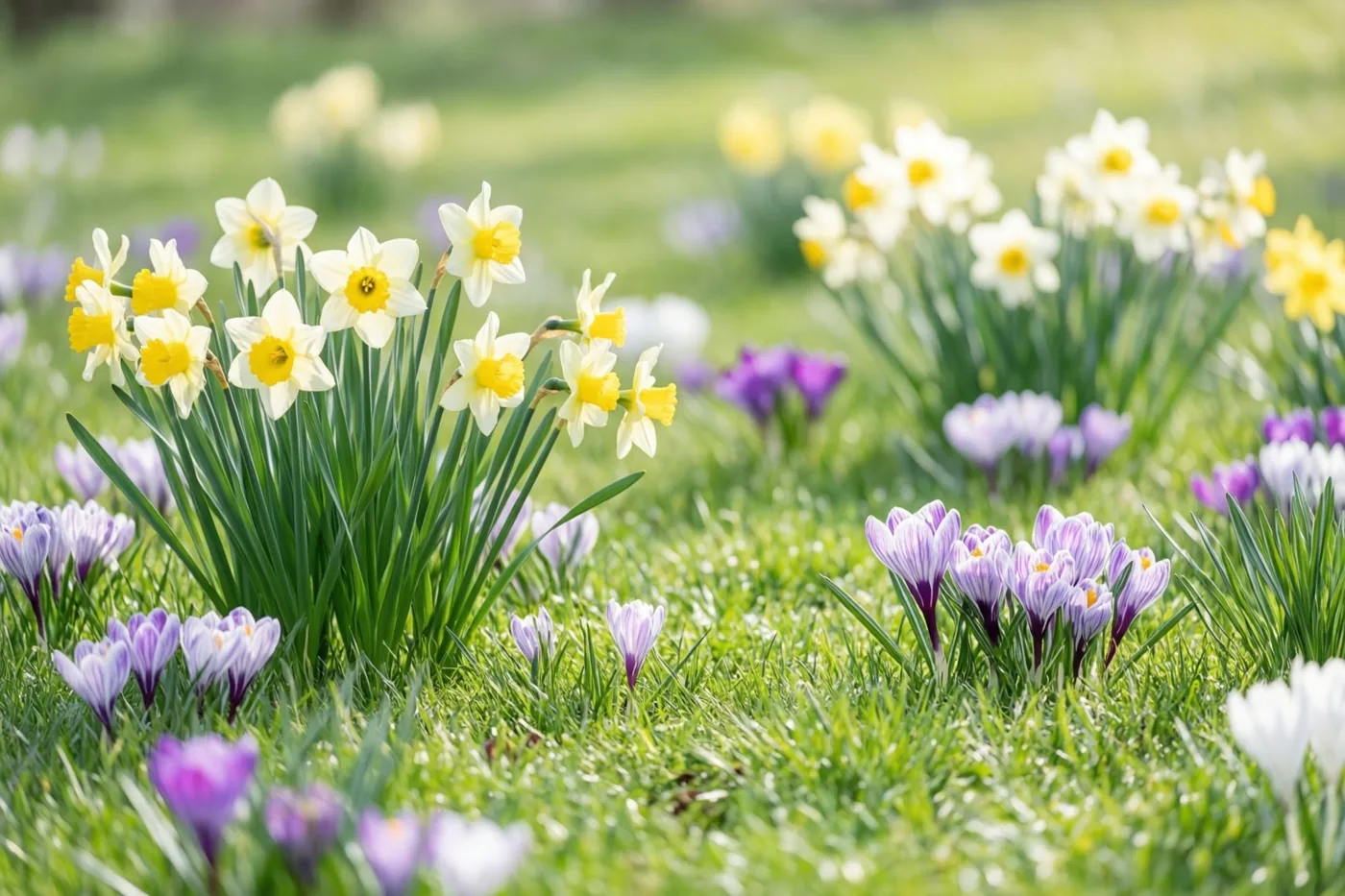 Bloeiende narcissen en krokussen staan verspreid over een groen tuingazon in fel zonlicht.