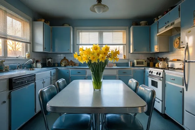 Lente tussen blauwe keukenkasten
