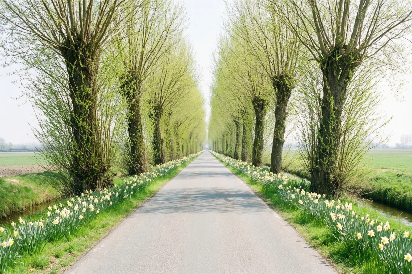Een rechte asfaltweg loopt tussen knotwilgen met jonge groene scheuten en grasbermen vol narcissen onder een heldere, nevelige hemel.