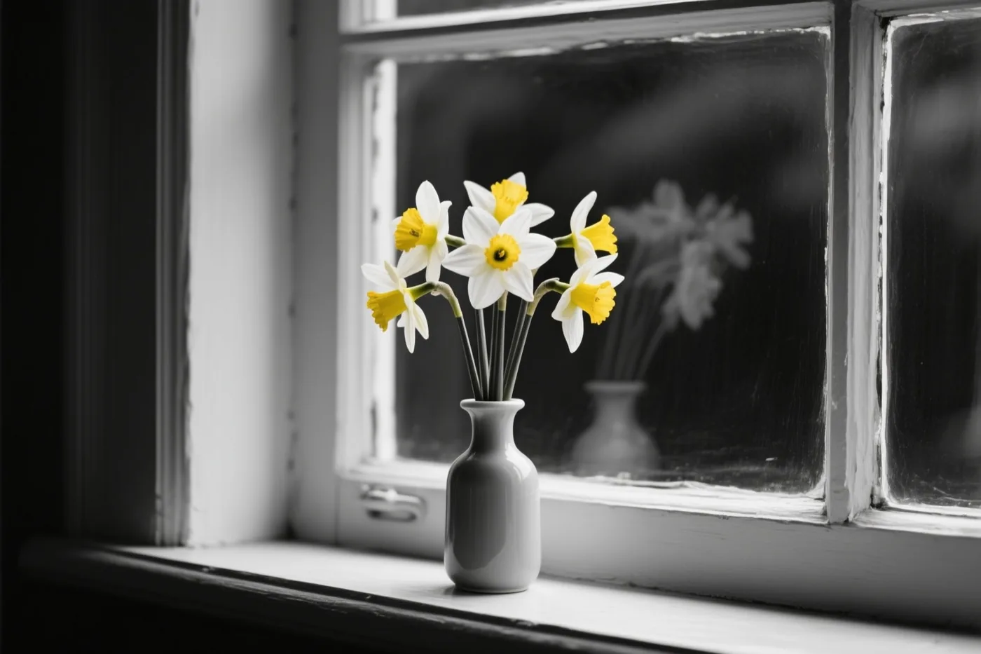 Een vaasje narcissen staat op een vensterbank, met gele bloemharten die afsteken tegen de zwart-witte achtergrond.
