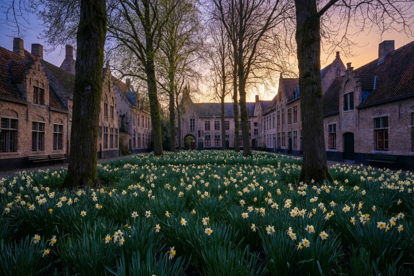 Bloeiende narcissen groeien onder hoge bomen in een binnentuin, omringd door traditionele bakstenen gebouwen in zacht, warm licht.