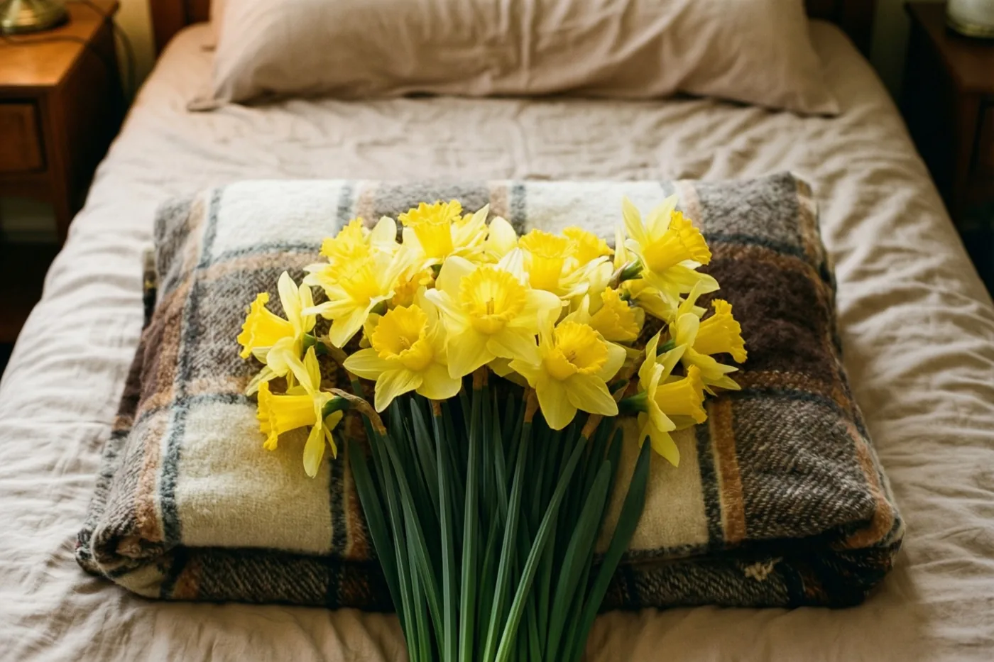 Een boeket felgele narcissen ligt op een opgevouwen geruite deken aan het voeteneind van een bed met beige beddengoed in warm licht.