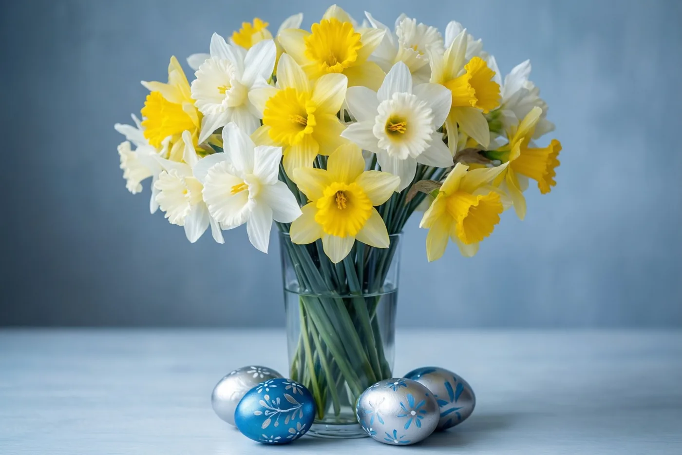 Een hoge glazen vaas met witte en gele narcissen staat op een lichtblauw tafelblad met beschilderde paaseieren aan de voet, tegen een zachtblauwe achtergrond.