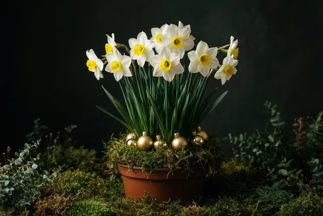 Kerstgeluk tussen witte narcissen