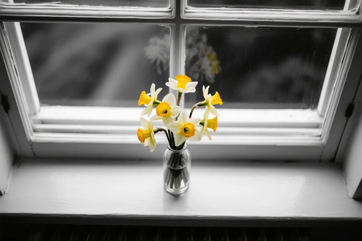 Een vaasje met gele en witte narcissen staat op een witte vensterbank voor een raam met roeden, in een verder vrijwel kleurloos beeld.
