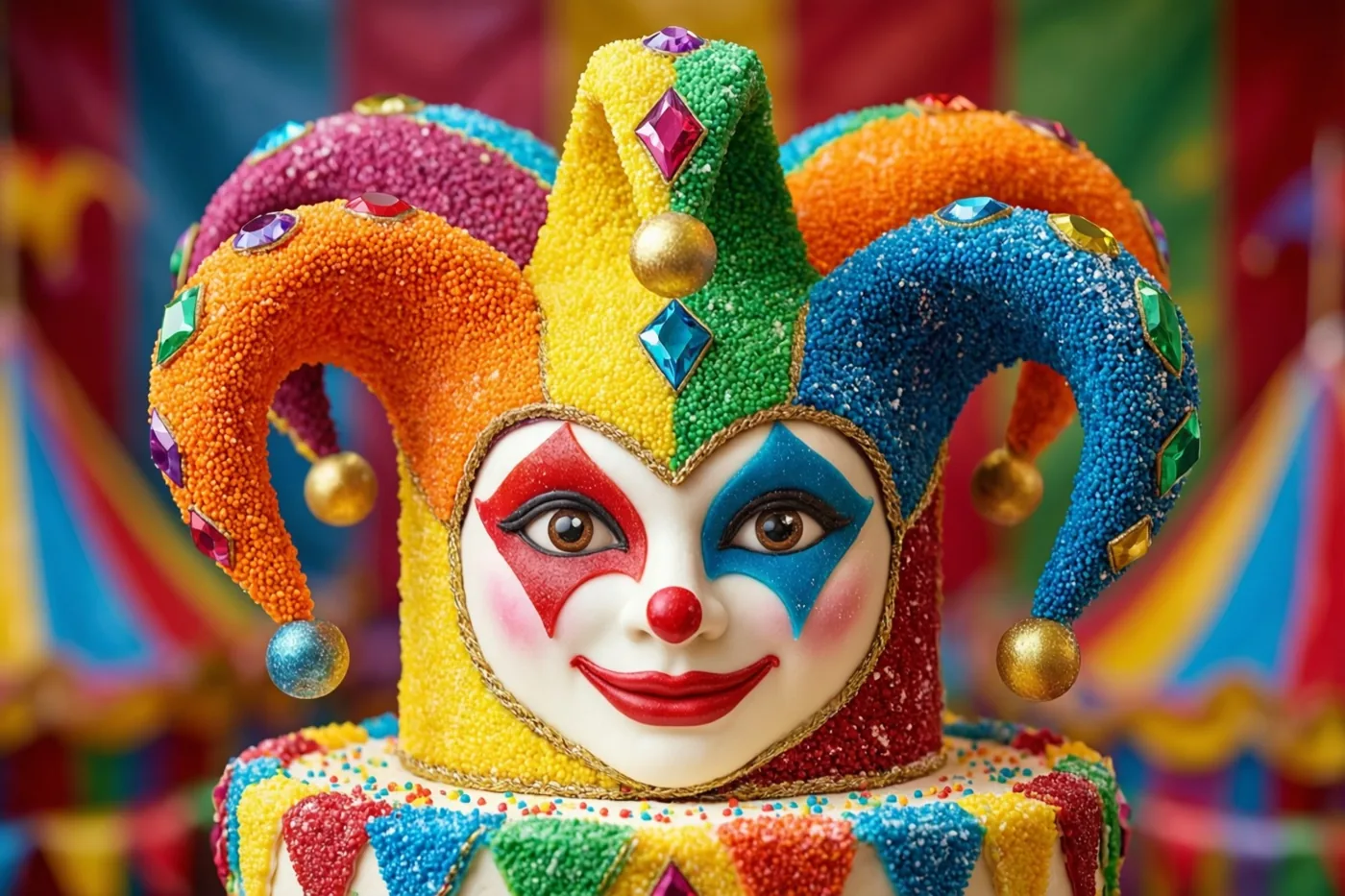 Een taart in de vorm van een narrenmuts is van dichtbij te zien met gekleurde suikerruiten en strooisel, tegen een onscherpe carnavalsachtergrond.