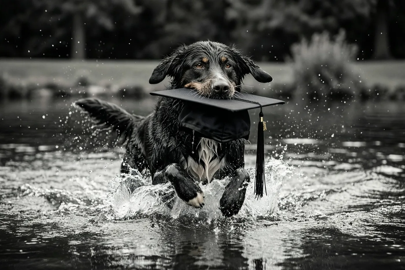 Op een zwart-witfoto spat een natte hond uit een vijver met een afstudeerhoed in zijn bek, tegen een onscherpe natuurlijke achtergrond.