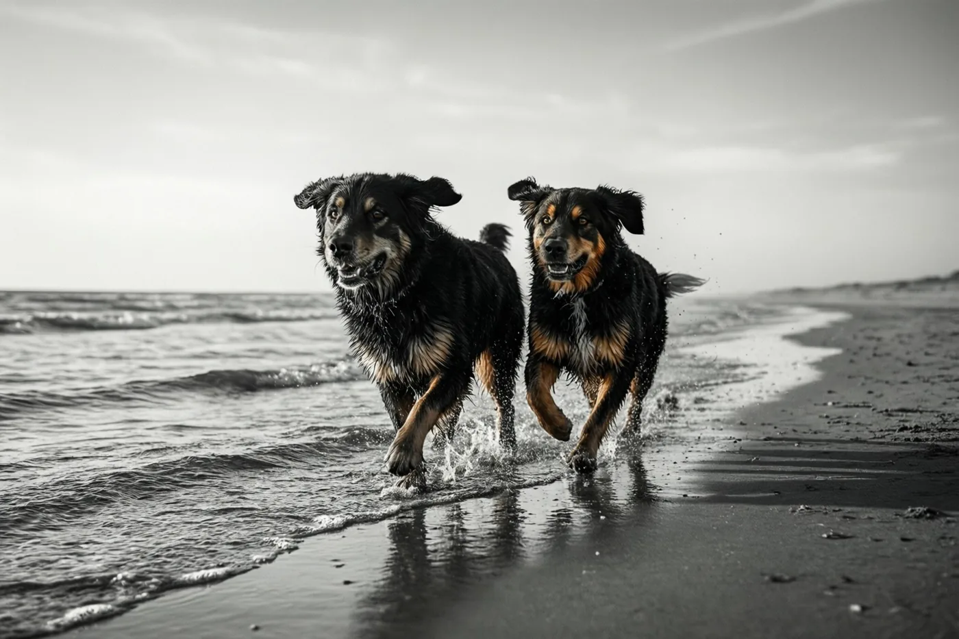 Twee natte honden rennen naast elkaar langs de waterlijn op een breed zandstrand, op een zwart-witbeeld waarop hun lichtbruine aftekeningen in kleur zijn weergegeven.