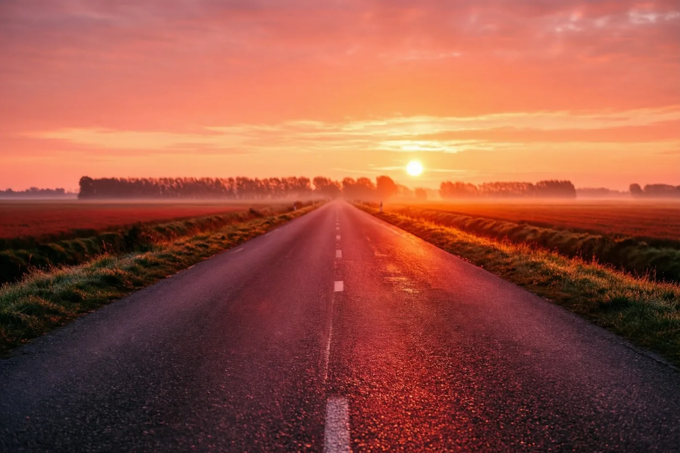 Een lange rechte weg loopt bij zonsopgang door vlakke polders, met oranje en roze licht op de hemel en het natte asfalt.