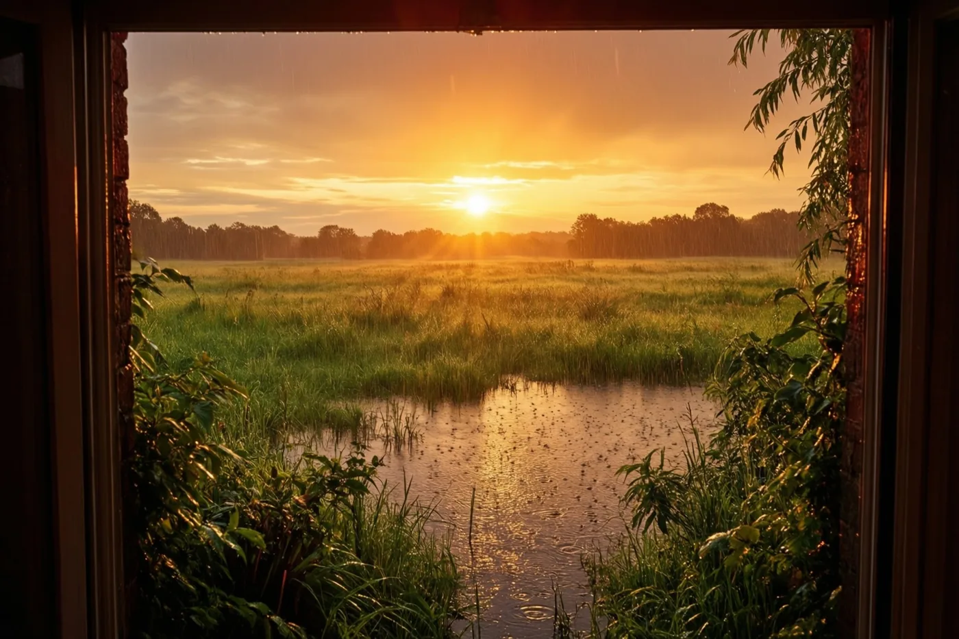 Door een houten raam met groen blad eromheen zie je natte groene weiden met glinsterende plassen in het gouden licht van de opkomende zon.