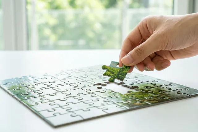 Een hand legt het laatste stukje van een legpuzzel met een natuurtafereel op een witte tafel in het daglicht van een raam.