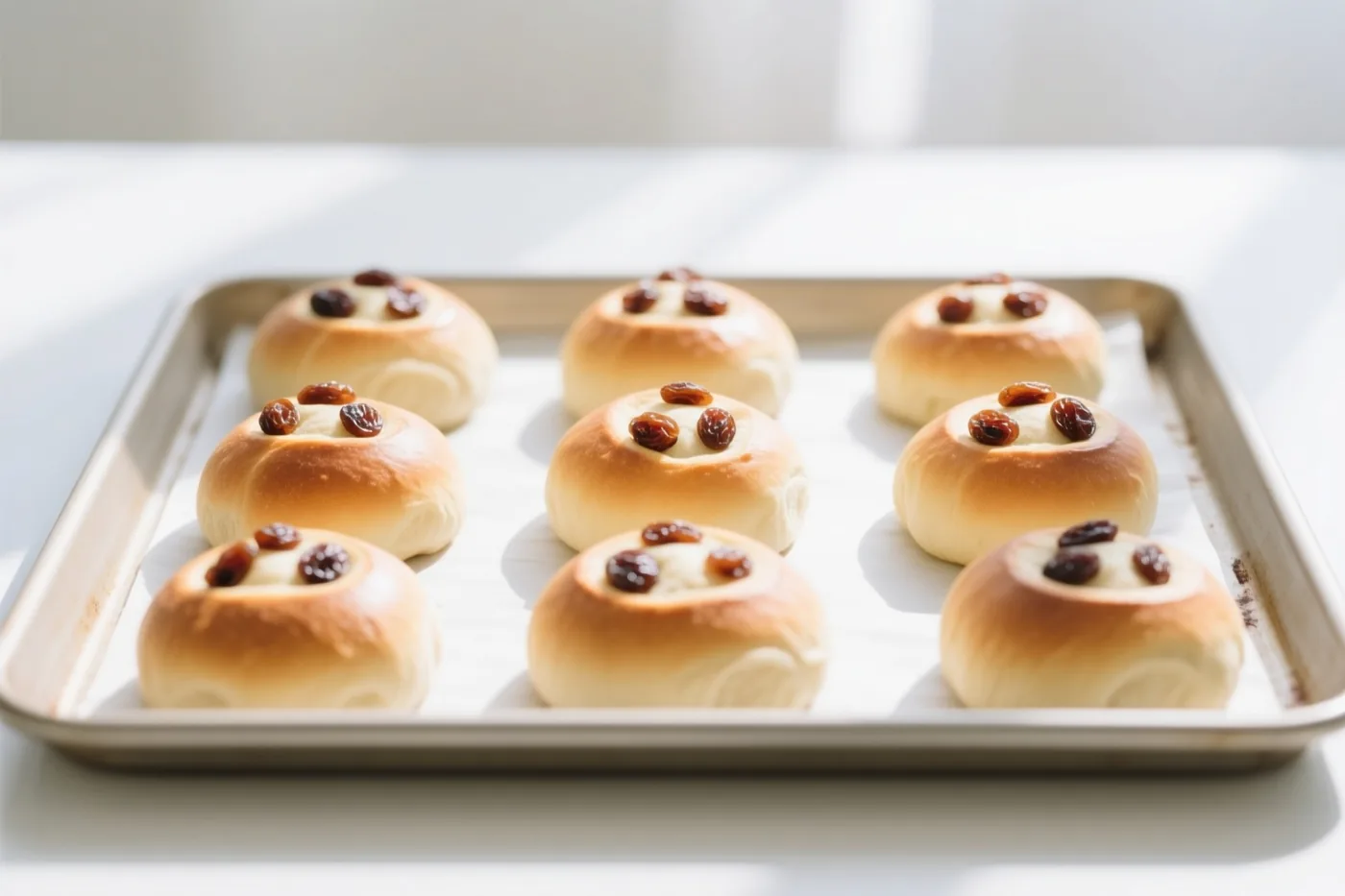 Negen ronde zoete broodjes met oogjes van rozijnen liggen op een metalen bakplaat in zacht natuurlijk licht.