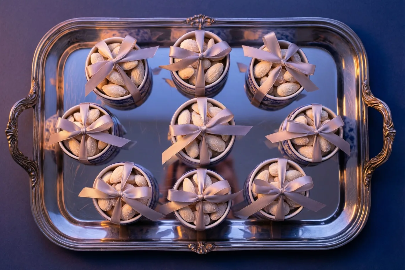 Negen porseleinen doosjes met witte suikerbonen en satijnen linten in pasteltinten staan op een spiegelend zilveren dienblad tegen een donkerblauwe achtergrond.
