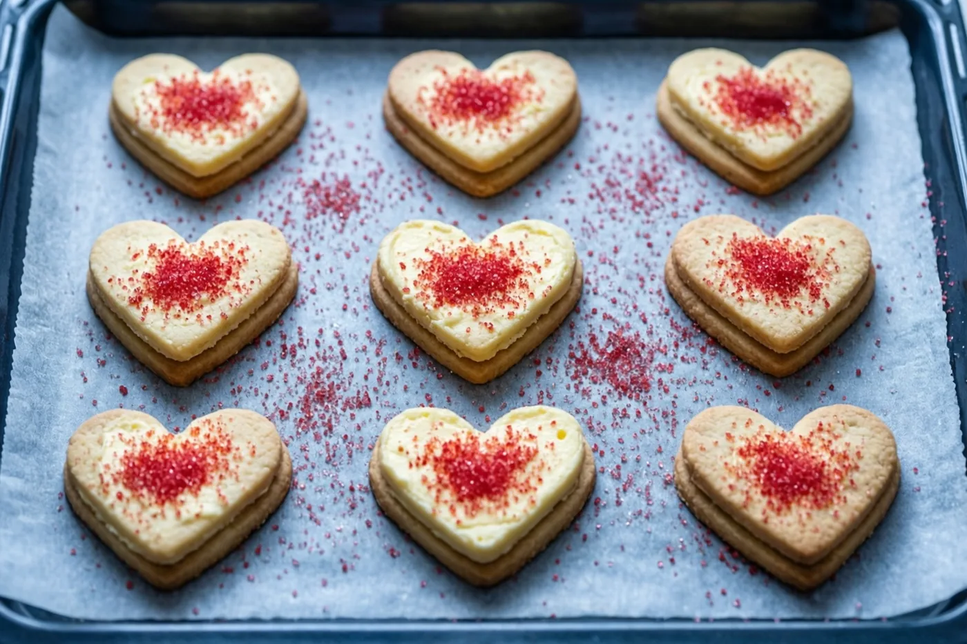 Negen hartvormige boterkoekjes met een roomvulling en rode suikerstrooisels liggen op een plaat met bakpapier in een warm verlichte keuken.