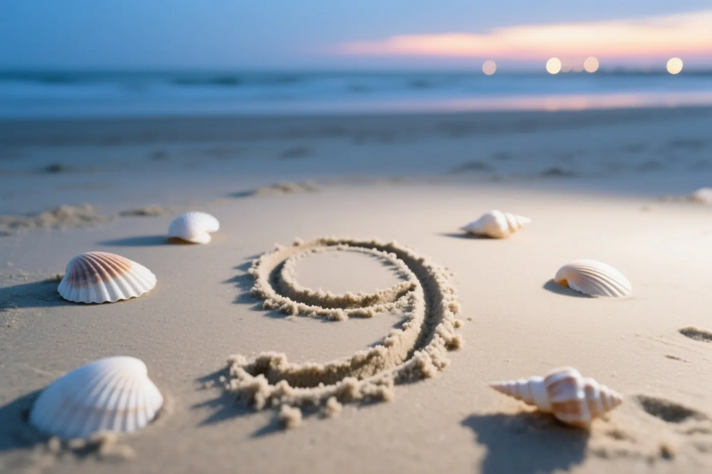 Een 9 is in het strandzand getekend tussen schelpen, met goudkleurig licht van de zonsondergang tegen een blauwe lucht en zee.