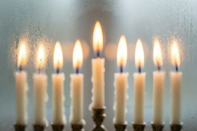 Door een matglazen ruit is een kandelaar met negen brandende kaarsen te zien, met zachte lichtvlekken in geel en wit tegen een koelgrijze achtergrond.