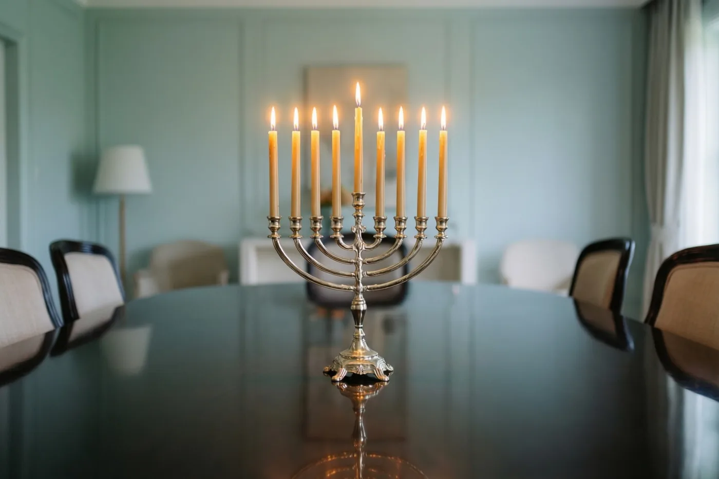Een menora met negen brandende kaarsen weerspiegelt in een donkere gepolijste eettafel in een elegante kamer met lichtblauwe muren en stoelen rond de tafel.