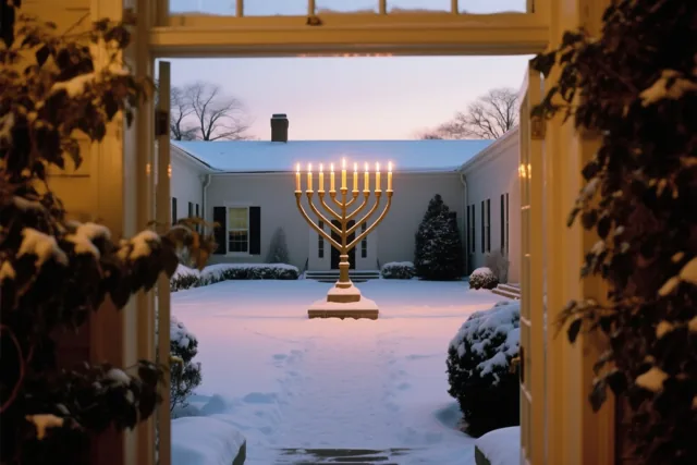 Door een open deuropening is een gouden kandelaar met negen brandende kaarsen op een besneeuwde binnenplaats te zien, met besneeuwde planten naast de deur en een wit huis en kale bomen erachter.