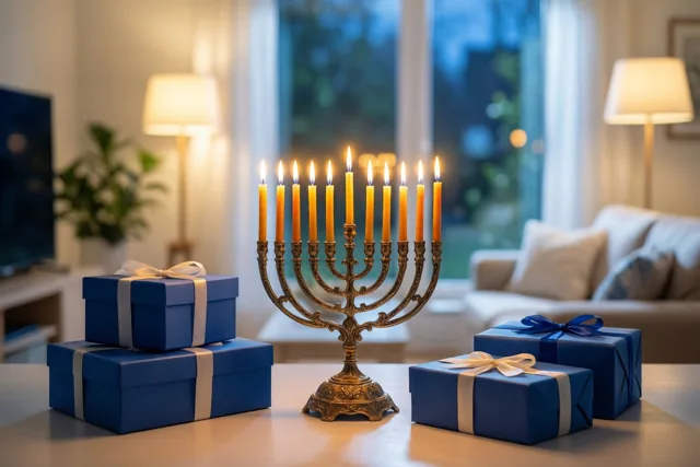 Een kandelaar met negen brandende kaarsen staat tussen blauwe cadeaudozen met linten op een tafel in een woonkamer, met lamplicht en een donker raam.