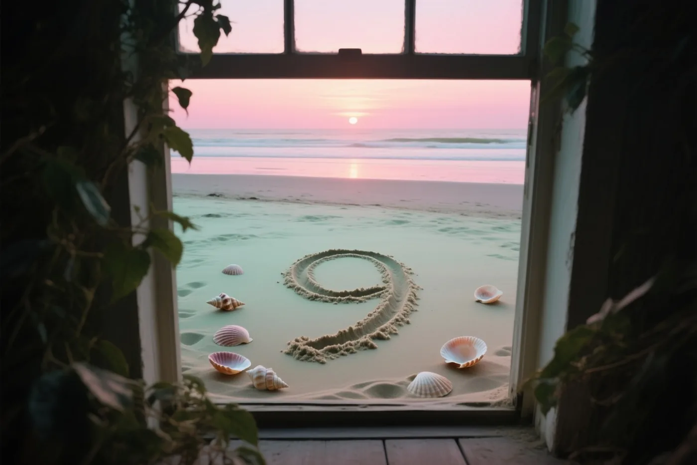 Door een raam is een strand bij zonsondergang te zien met een 9 in het zand en verspreide schelpen in zacht roze en oranje licht.