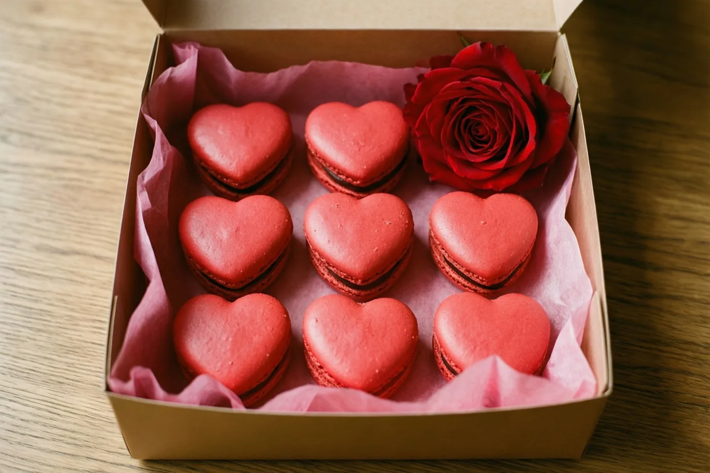 Negen rode hartvormige macarons liggen op roze vloeipapier in een open kartonnen doos, naast een rode roos op een houten ondergrond.