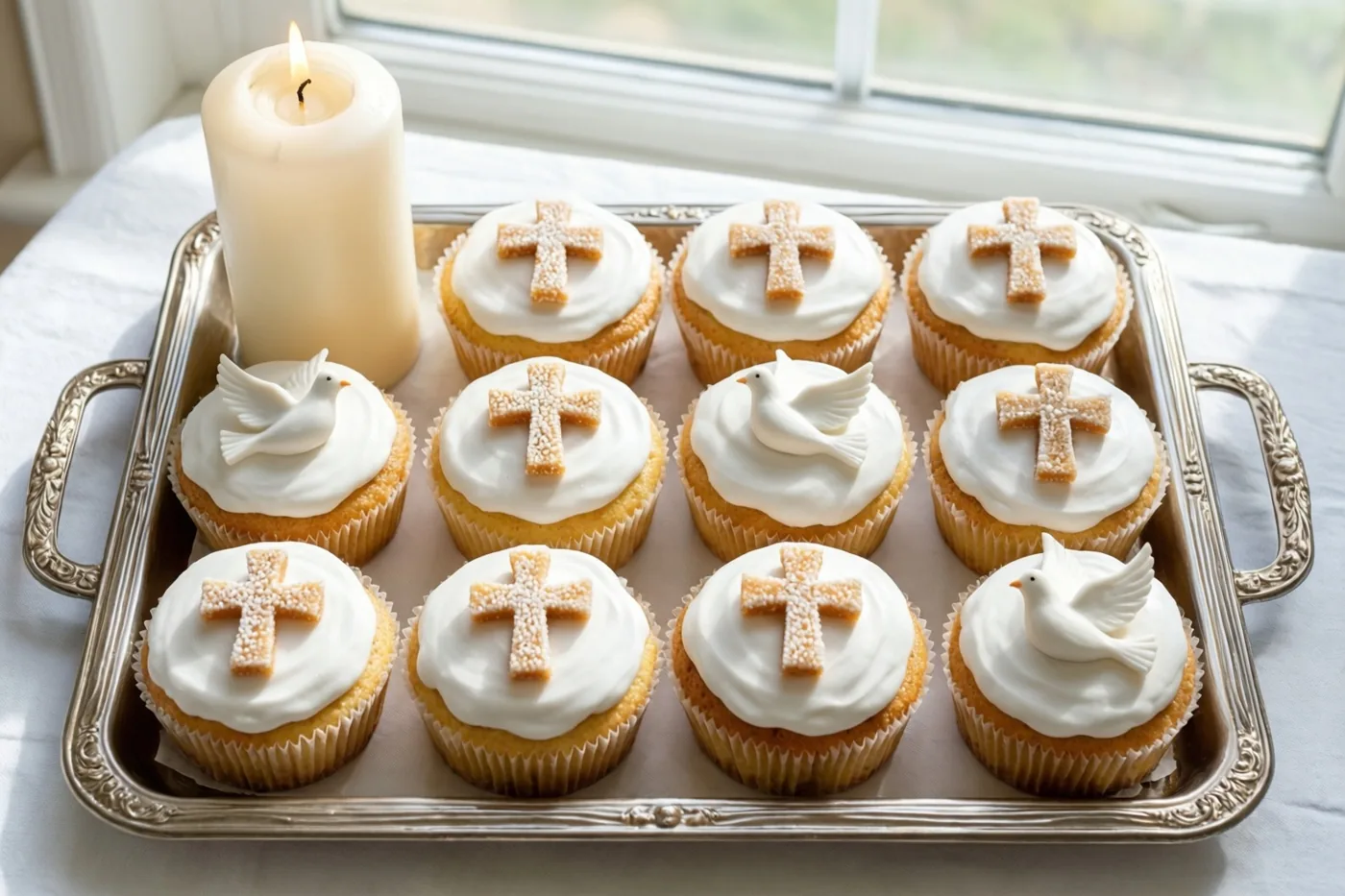 Negen kleine witte taartjes met kruisjes en duifjes van suiker staan op een zilveren dienblad naast een brandende witte doopkaars bij een raam.