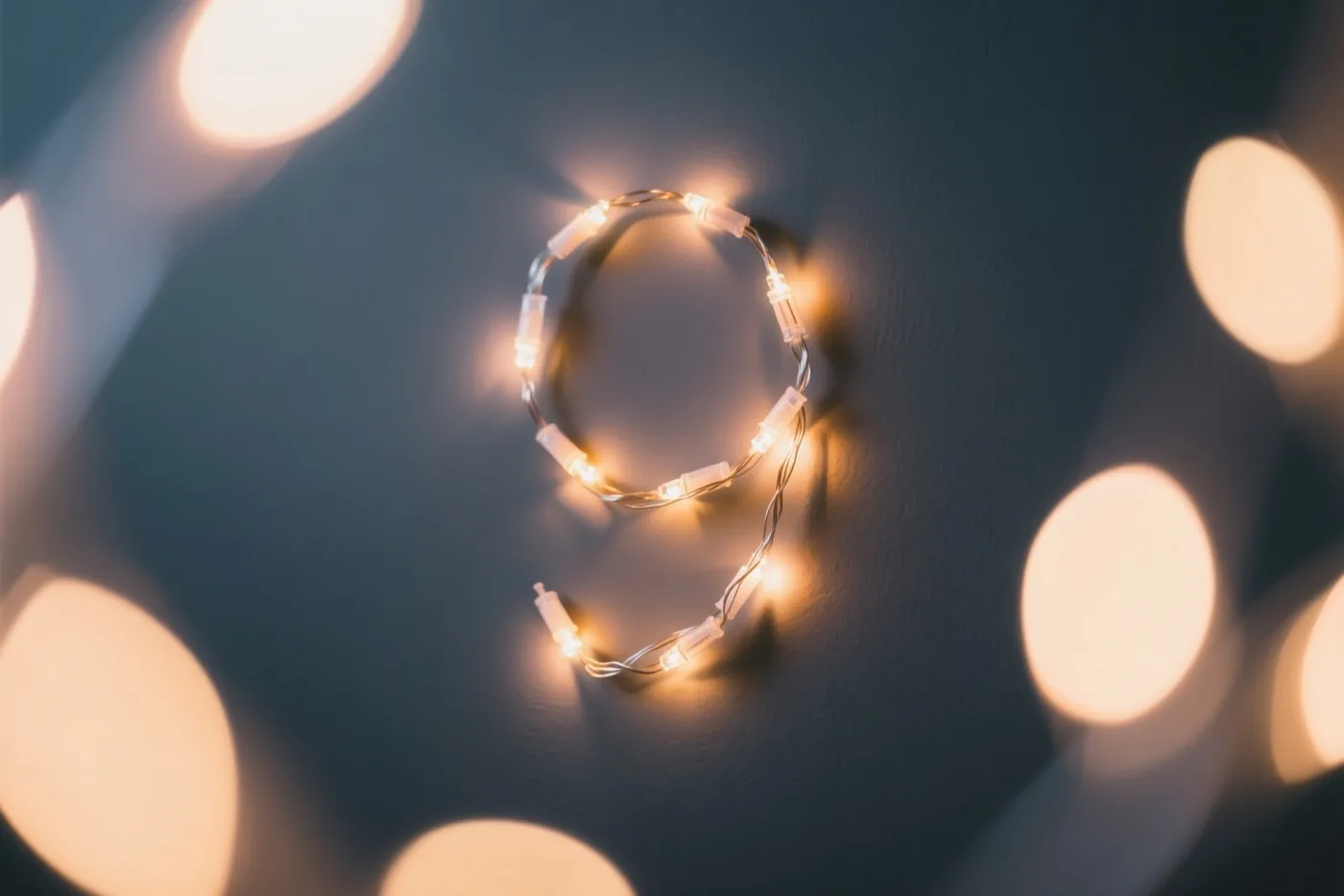 Een 9 van warm gloeiende lichtjes hangt op een donkere muur met onscherpe feestlichtjes op de achtergrond.