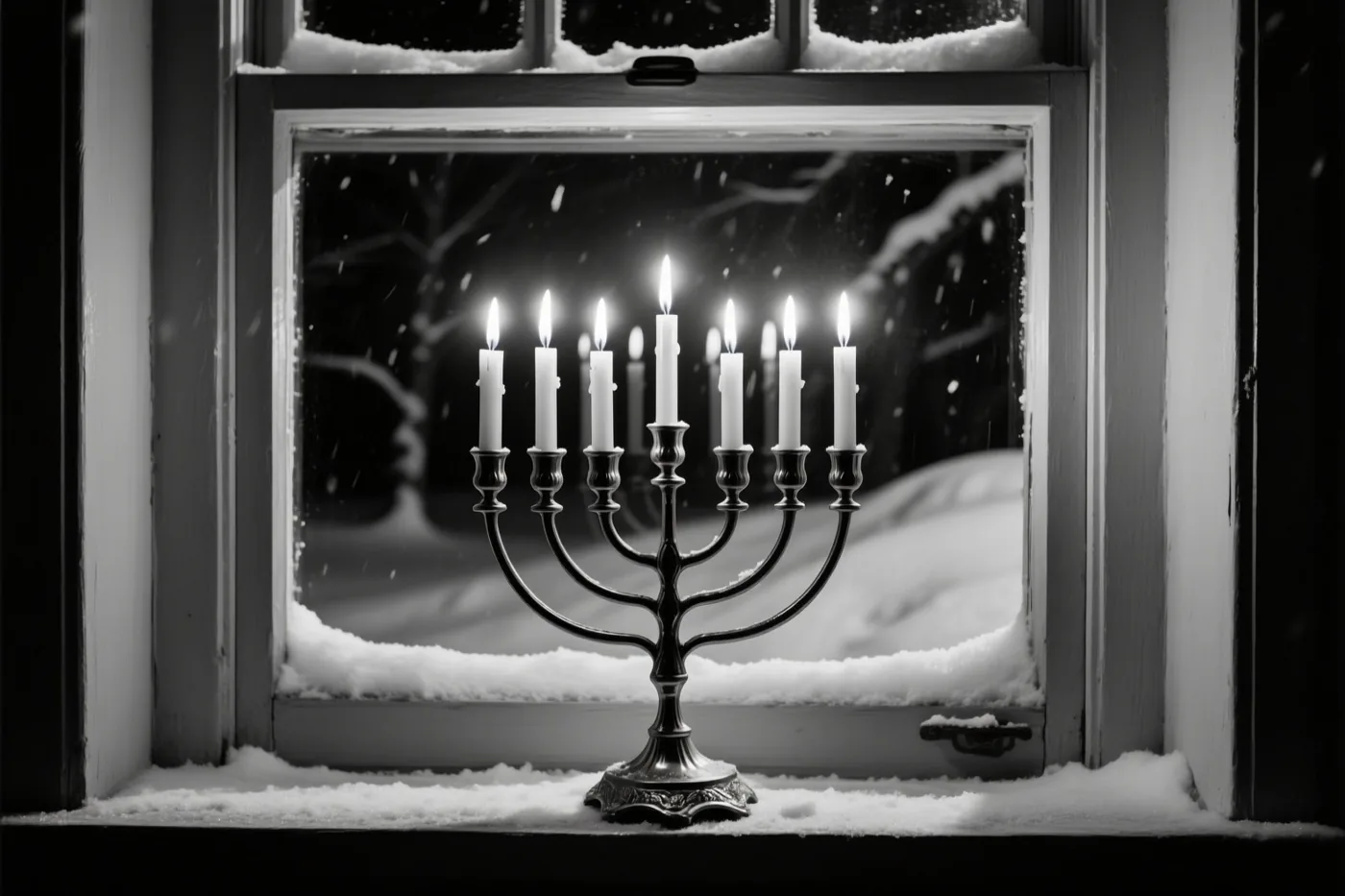 Een zwart-witbeeld toont een brandende negenarmige chanoekia op een besneeuwde vensterbank bij nacht, met vallende sneeuw buiten het raam.