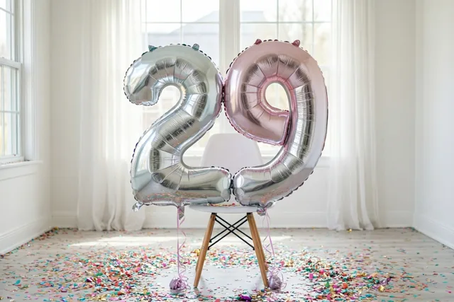 Grote folieballonnen vormen 29 aan een witte stoel in een lichte sobere kamer, met gekleurde confetti op de vloer en daglicht door ramen met witte gordijnen.