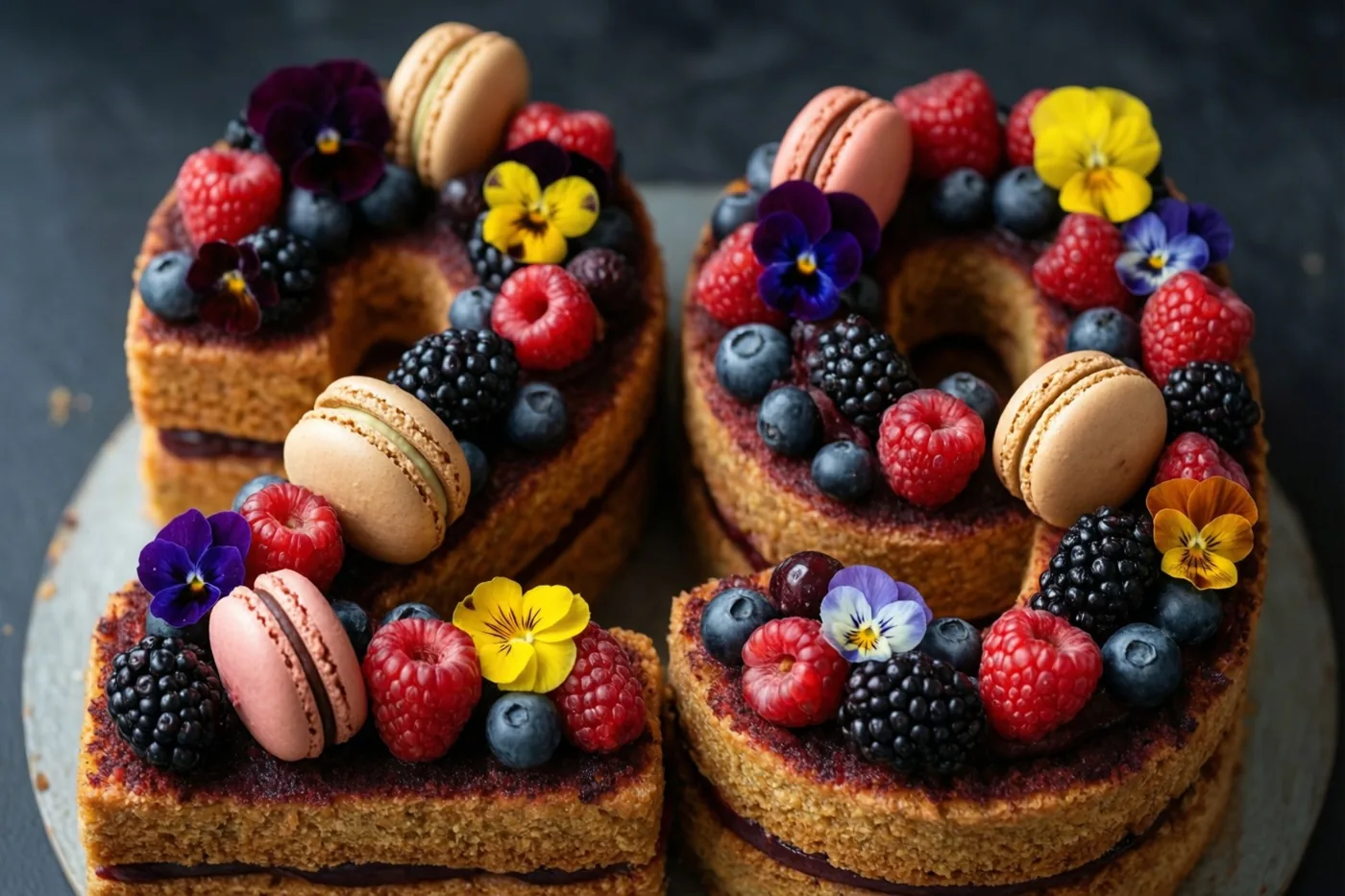 Een taart in de vorm van 29 met frambozen, bramen, blauwe bessen, macarons en eetbare bloemen staat op een lichtgrijs bord tegen een donkere achtergrond.