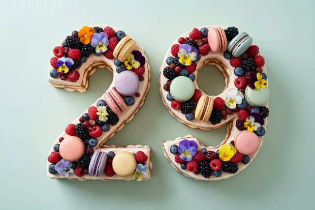 Een taart in de vorm van 29 met bessen, macarons en eetbare bloemen staat tegen een effen lichtgroene achtergrond, met roze, blauwe en rode versieringen.