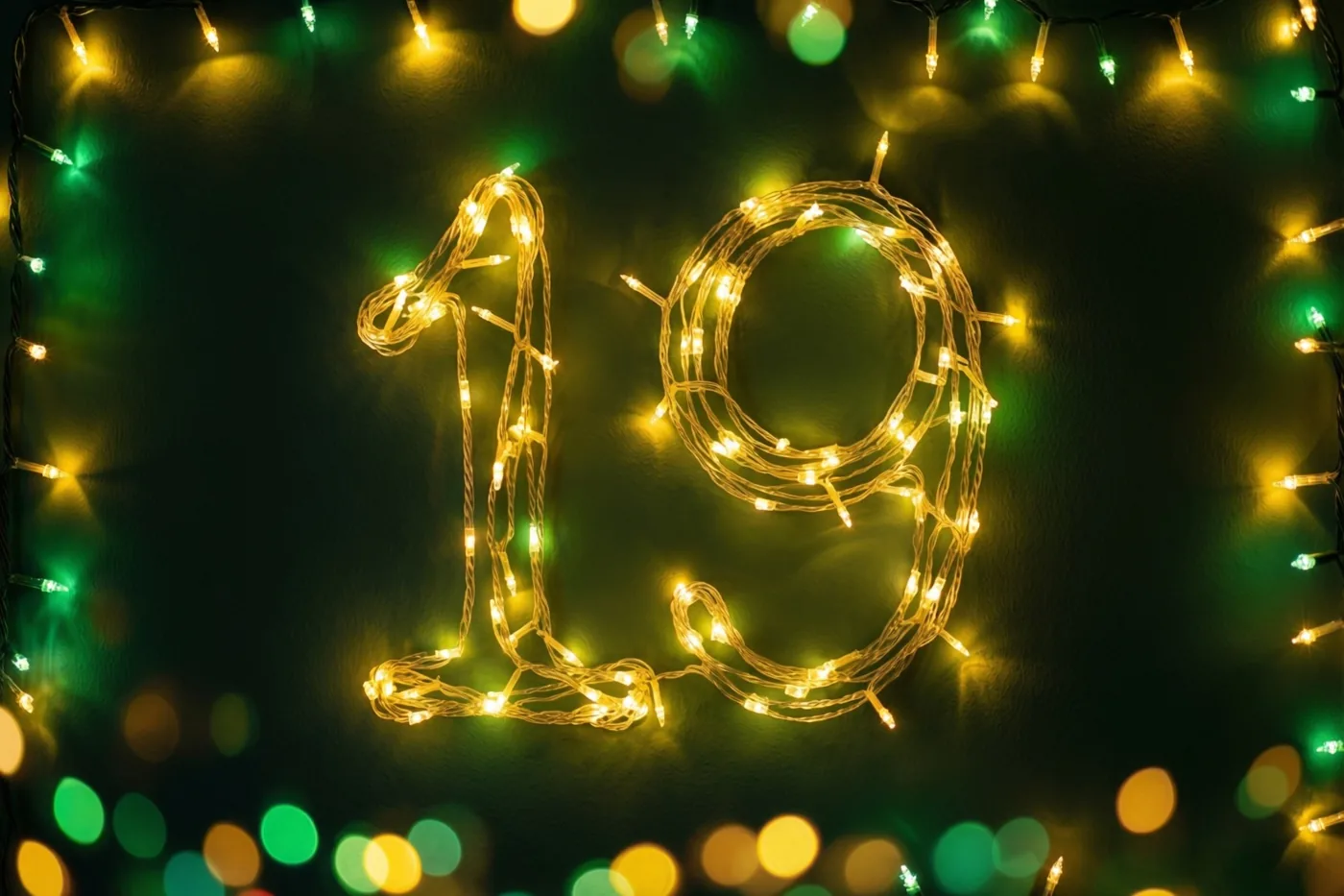 Warme lichtjes vormen 19 op een donkere muur, omringd door onscherpe feestlichtjes in gele en groene tinten.
