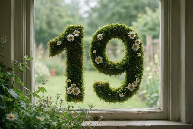 Het getal 19 van groen mos met madeliefjes is aan een raam aangebracht, met een onscherpe tuin erachter.
